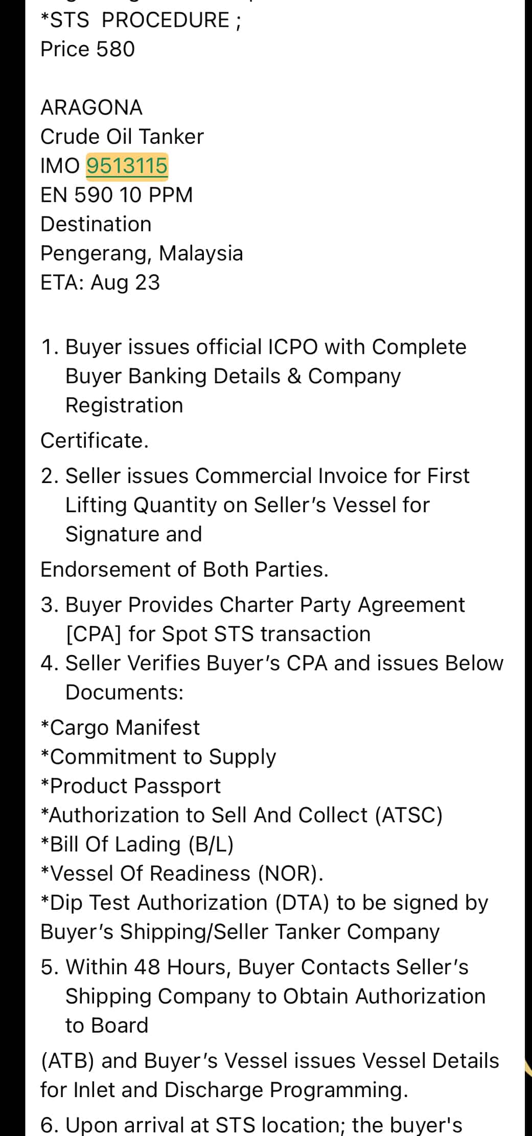 Fake vessel offer proof Exhibit 1: Message citing ARAGONA IMO 9513115 with STS procedure and ICPO request