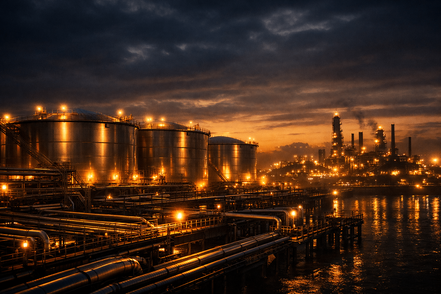 Dip and pay oil trading petroleum storage terminal at dusk with illuminated tanks and industrial piping